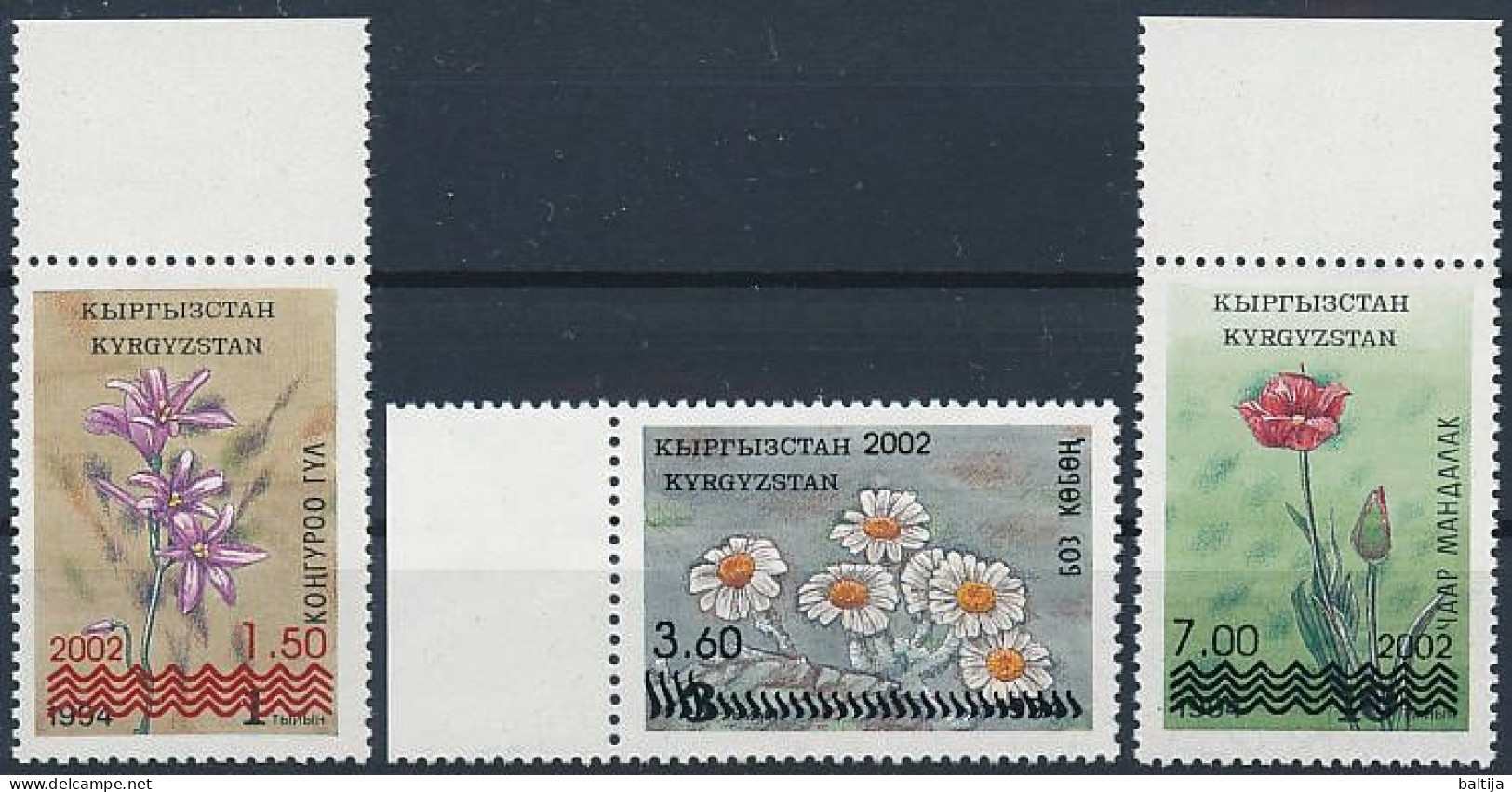 Mi 314-316 A ** MNH / Native Flora, Flowers, Overprint, Gagea Salis, Chrysanthemum Leontopodium, Tulipa Greigii - Kirgisistan