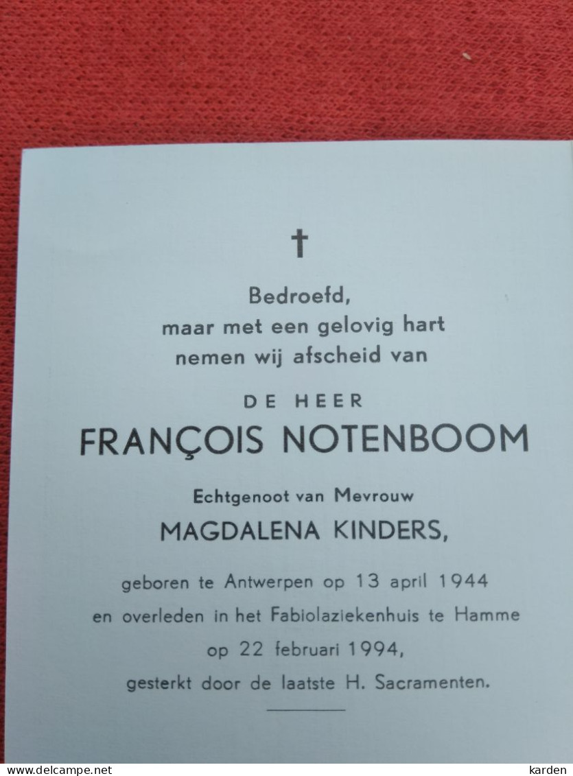 Doodsprentje François Notenboom / Antwerpen 13/4/1944 Hamme 22/2/1994 ( Magdalena Kinders ) - Religion & Esotericism