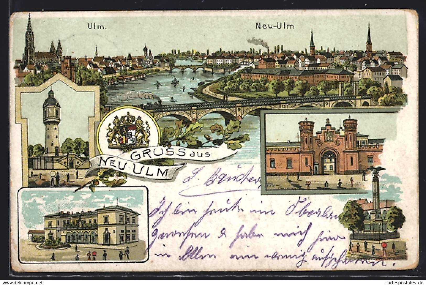 Lithographie Neu-Ulm, Ortsansicht Mit Viadukt, Denkmal, Stadttor  - Neu-Ulm