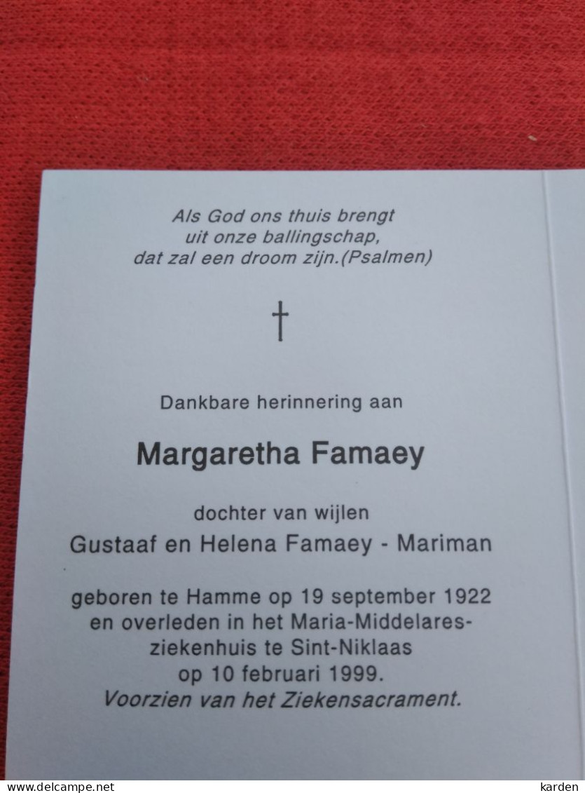 Doodsprentje Margaretha Famaey / Hamme 19/9/1922 Sint Niklaas 10/2/1999 ( D.v. Gustaaf Famaey En Helena Mariman ) - Religion &  Esoterik