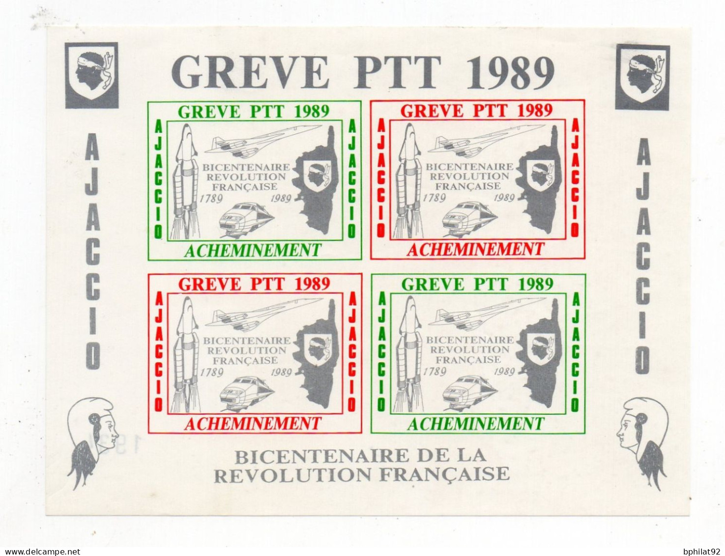 !!! GREVE DE CORSE BLOC DE 4 VIGNETTES GREVE PTT DE 1989 AJACCIO NEUF SANS GOMME - Stamps