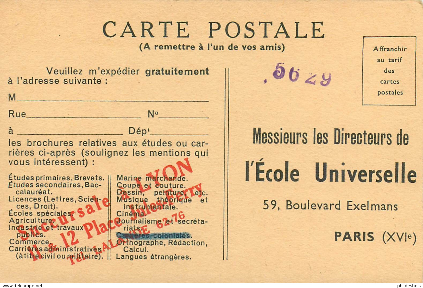 PARIS   Ecole Universelle  ( Inscription Des Eleves Et Expedition Des Cours ) - Enseignement, Ecoles Et Universités