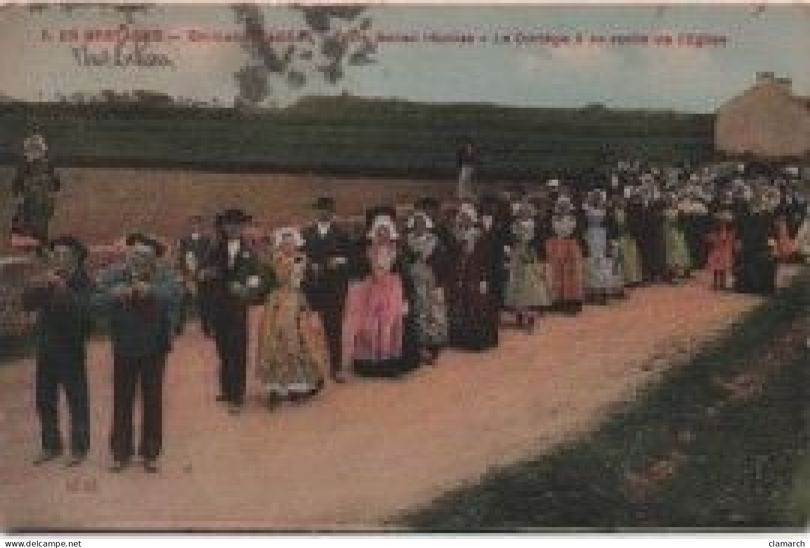 MORBIHAN-Environs D'Auray-Trois Noces Réunies-Le Cortège à Sa Sortie De L'Eglise (colorisé) 1 - Auray