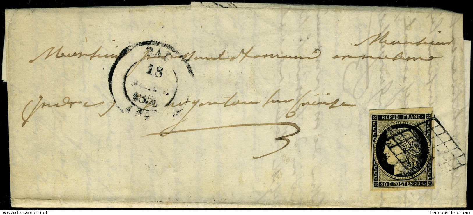 Lettre N° 3, 20c Noir Obl. Grille + Cachet à Date Paris Janv 1850, TB - Sonstige & Ohne Zuordnung