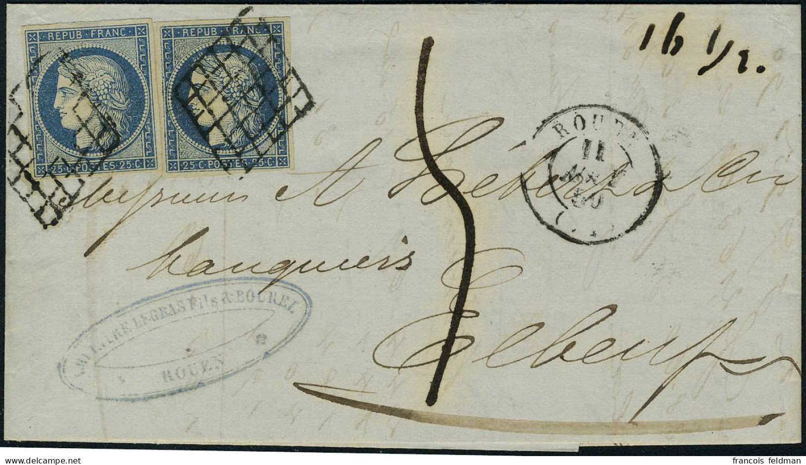 Lettre N° 4, 25c Bleu Cérès X 2ex Sur L De Rouen 11 Août 50 Pour Elbeuf, Taxe Manuscrite Pour Affranchissement Insuffisa - Sonstige & Ohne Zuordnung