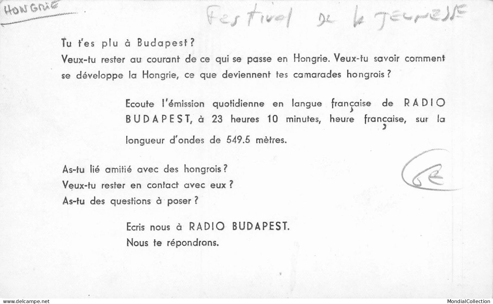 MIKIBP8-015- HONGRIE FESTIVAL MONDIAL DE LA JEUNESSE ET DES ETUDIANTS RADIO BUDAPEST - Hongrie