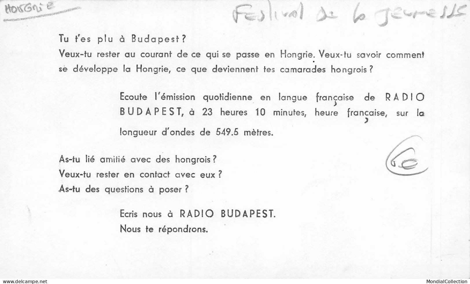 MIKIBP8-016- HONGRIE FESTIVAL MONDIAL DE LA JEUNESSE ET DES ETUDIANTS RADIO BUDAPEST - Hongrie