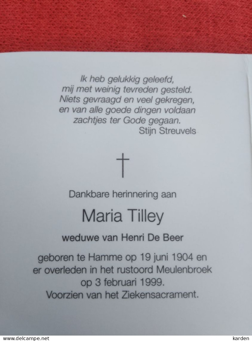 Doodsprentje Maria Tilley / Hamme 19/6/1904 - 3/2/1999 ( Henri De Beer ) - Godsdienst & Esoterisme