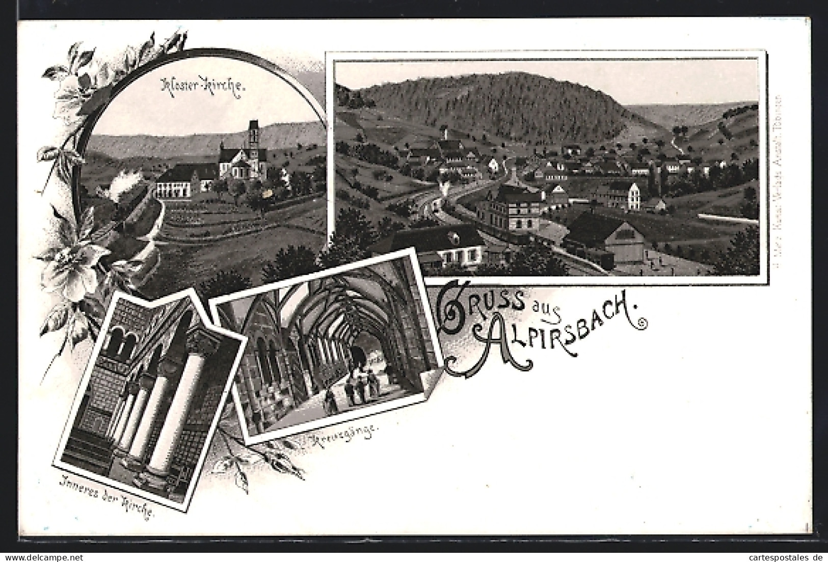 Lithographie Alpirsbach, Kloster-Kirche, Kreuzgänge, Ortsansicht  - Alpirsbach