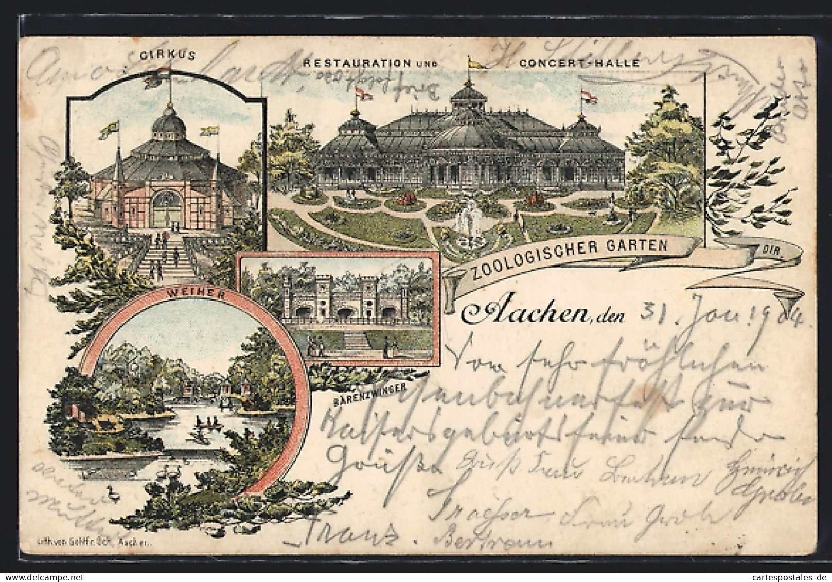 Lithographie Aachen, Zoologischer Garten, Restaurant Und Concert-Halle, Bärenzwinger  - Zirkus