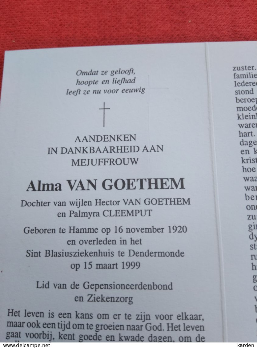Doodsprentje Alme Van Goethem / Hamme 16/11/1920 Dendermonde 15/3/1999 ( D.v. Hector En Palmyra Van Cleemput ) - Godsdienst & Esoterisme