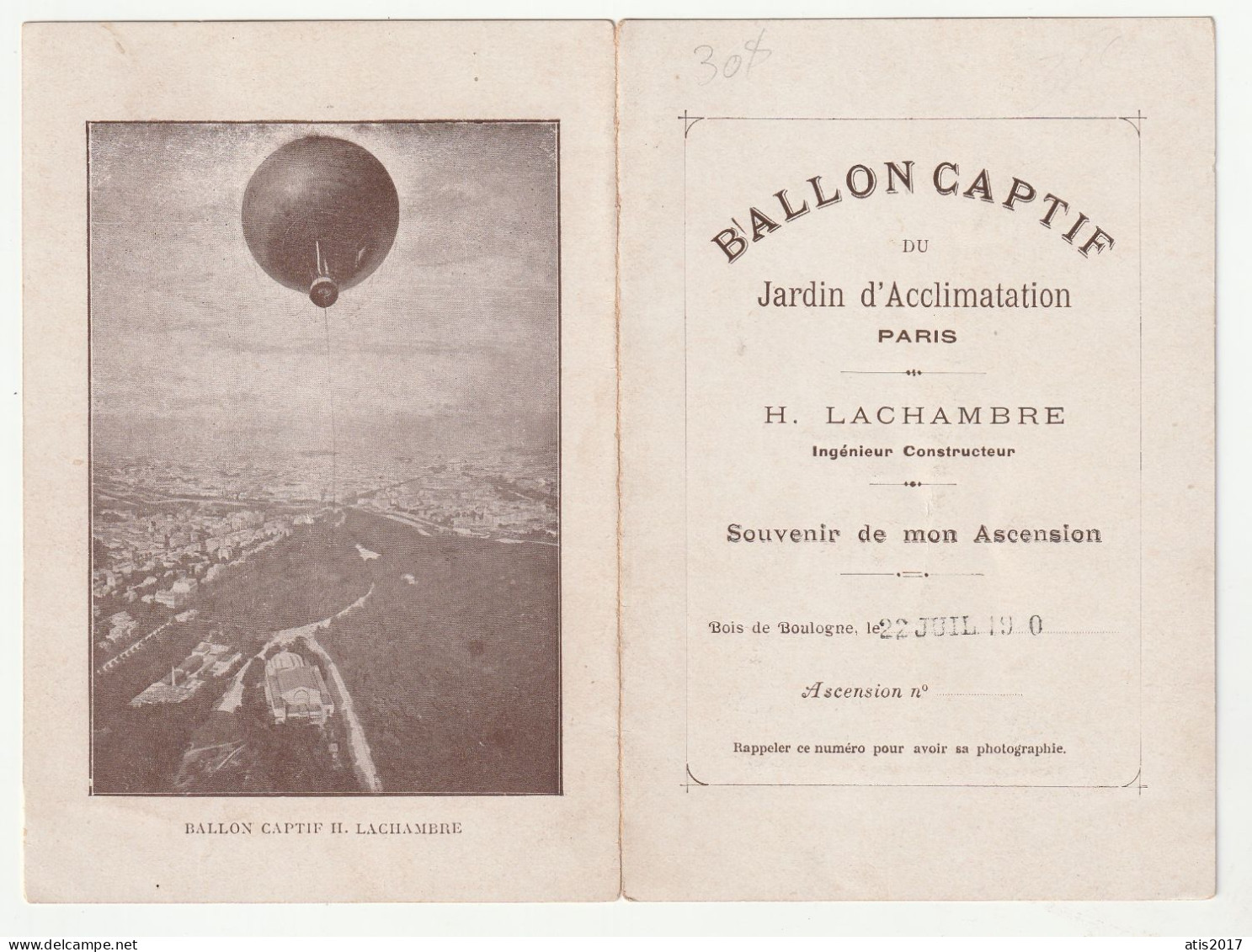 PARIS - Ballon Captif H. LACHAMBRE - Souvenir Ascension 22 Juillet 1900 - Petit Dépliant Touristique - Mongolfiere