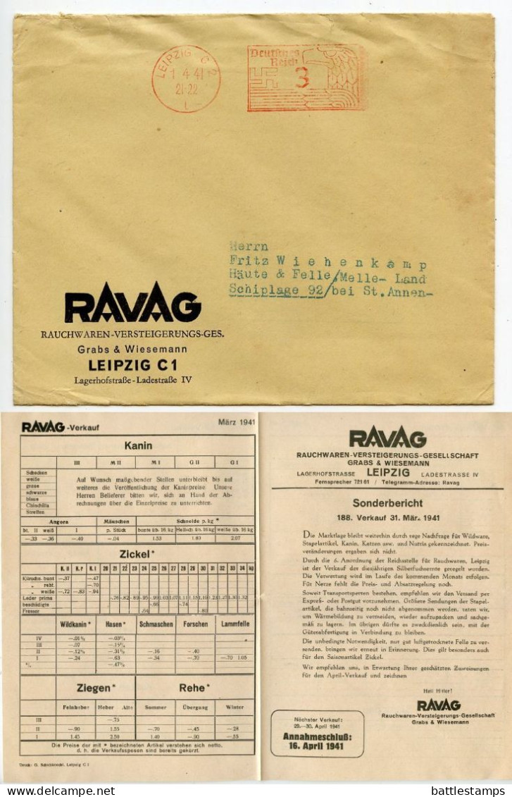Germany 1941 3pf. Meter Cover & Report; Leipzig - RAVAG, Rauchwaren-Versteigerungs To Schiplage - Franking Machines (EMA)