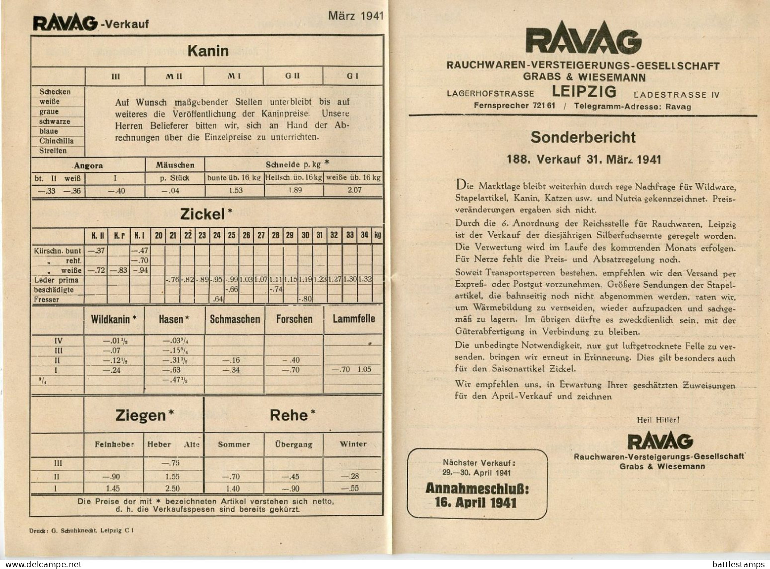 Germany 1941 3pf. Meter Cover & Report; Leipzig - RAVAG, Rauchwaren-Versteigerungs To Schiplage - Machines à Affranchir (EMA)