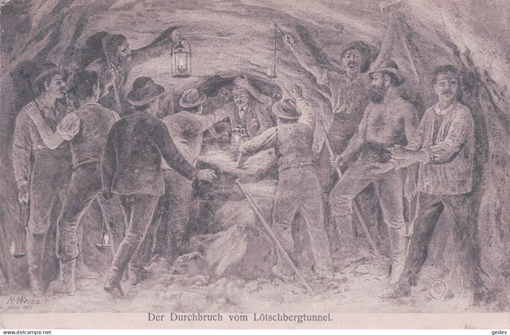 R. Weiss Illustrateur, Der Durchbruch Vom Lötschbergtunnel, Litho Grise (6.2.1914) - Kunstwerken