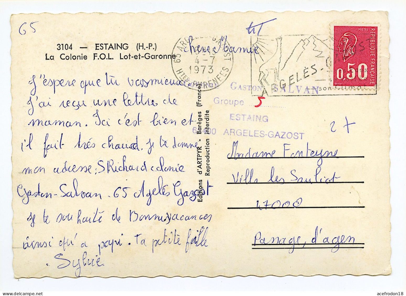 Cpsm Postée De Argelès-Gazost (65) Pour Agen (47) - Estaing - Timbre 0,50f Marianne De Béquet 1973 - Used Stamps