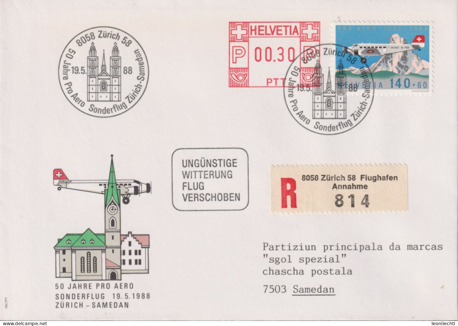 1988 R-Brief, Sonderflug Zürich - Samedan, FraMA +Zum: F49, Mi: 1369 - Affrancature Meccaniche