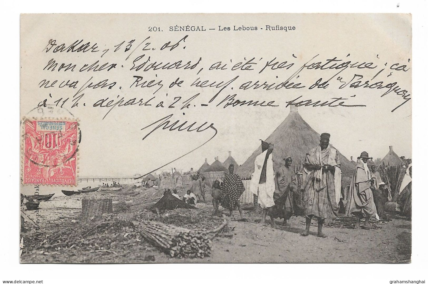 Postcard Senegal Rufisque Les Lebous Fishing People Huts Undivided Posted 1904 French Senegal Colonial Stamp - Senegal