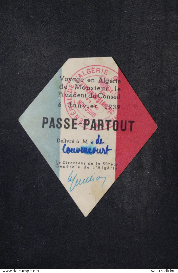 ALGÉRIE - Affranchissement D'Alger Sur Carte " Passe Partout" Du Voyage En Algérie Du Président En 1939 - L 152408 - Brieven En Documenten