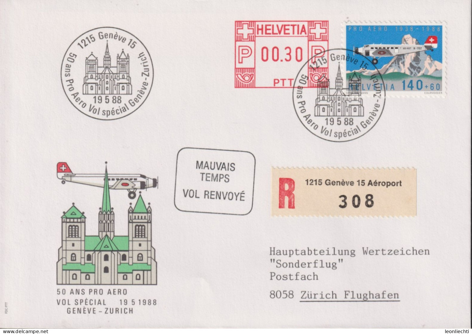 1988 R-Brief, Sonderflug  Genève-Zürich , FraMA +Zum: F49, Mi: 1369, ⵙ 1215 Genève 15 - Affranchissements Mécaniques