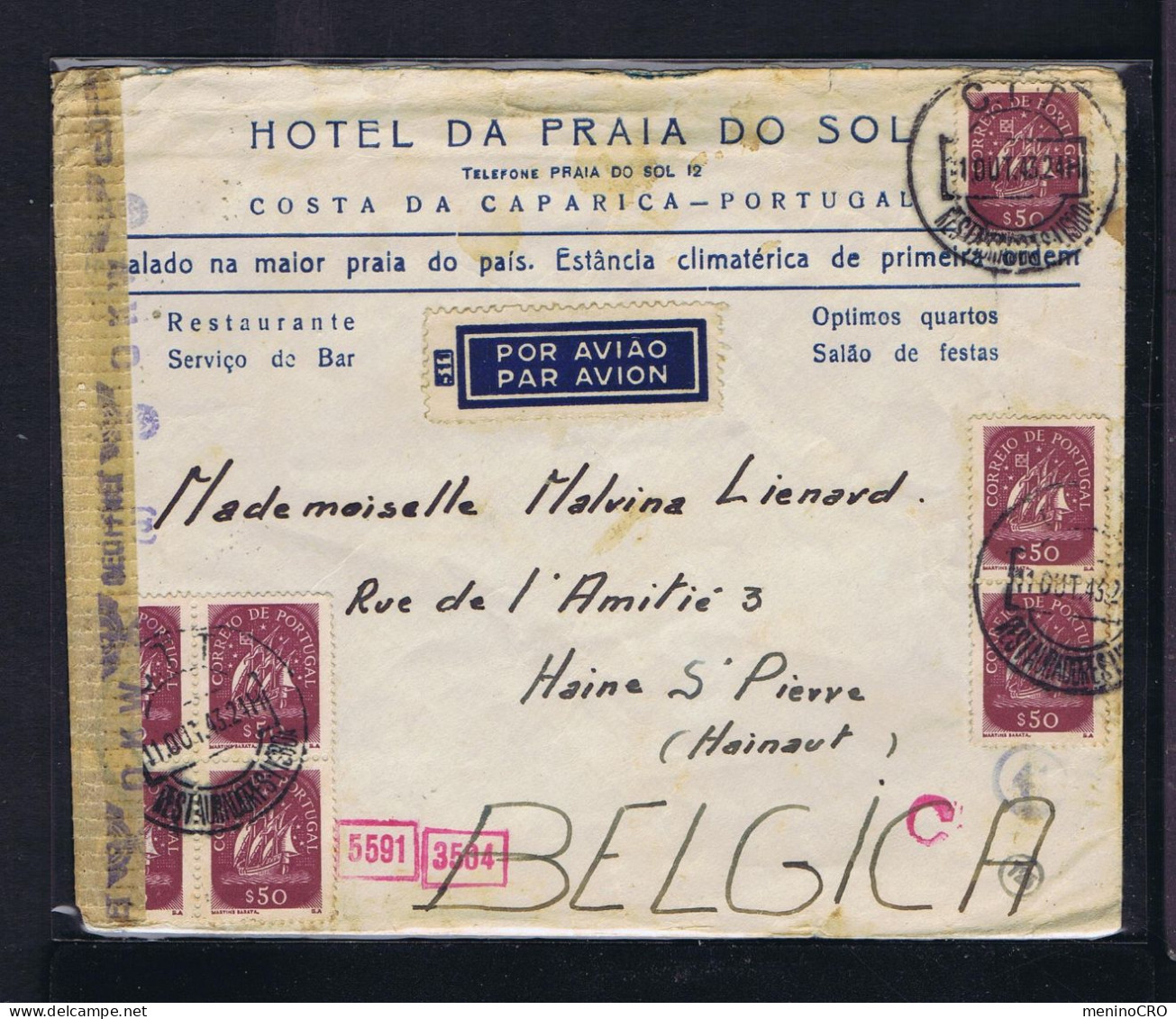 Gc8564 PORTUGAL 1943 Censored Cover "Hotel Praia Do Sol-Costa Da Caparica" Mailed Lisboa »Belgique - Andere & Zonder Classificatie