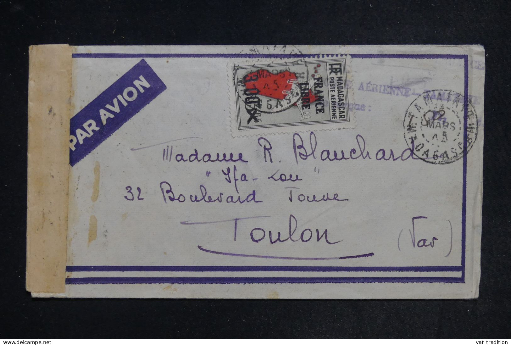 MADAGASCAR - Griffe De Surtaxe De La Poste Aérienne Sur Enveloppe En 1945, France Libre Recto/verso - L 152409 - Lettres & Documents