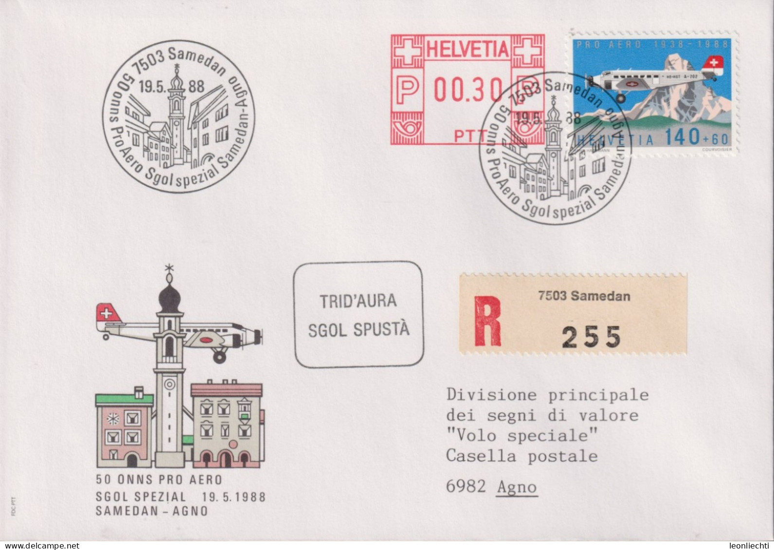 1988 R-Brief, Sonderflug Samedan-Agno , FraMA +Zum: F49, Mi: 1369, ⵙ 7503 Samadan - Affrancature Meccaniche