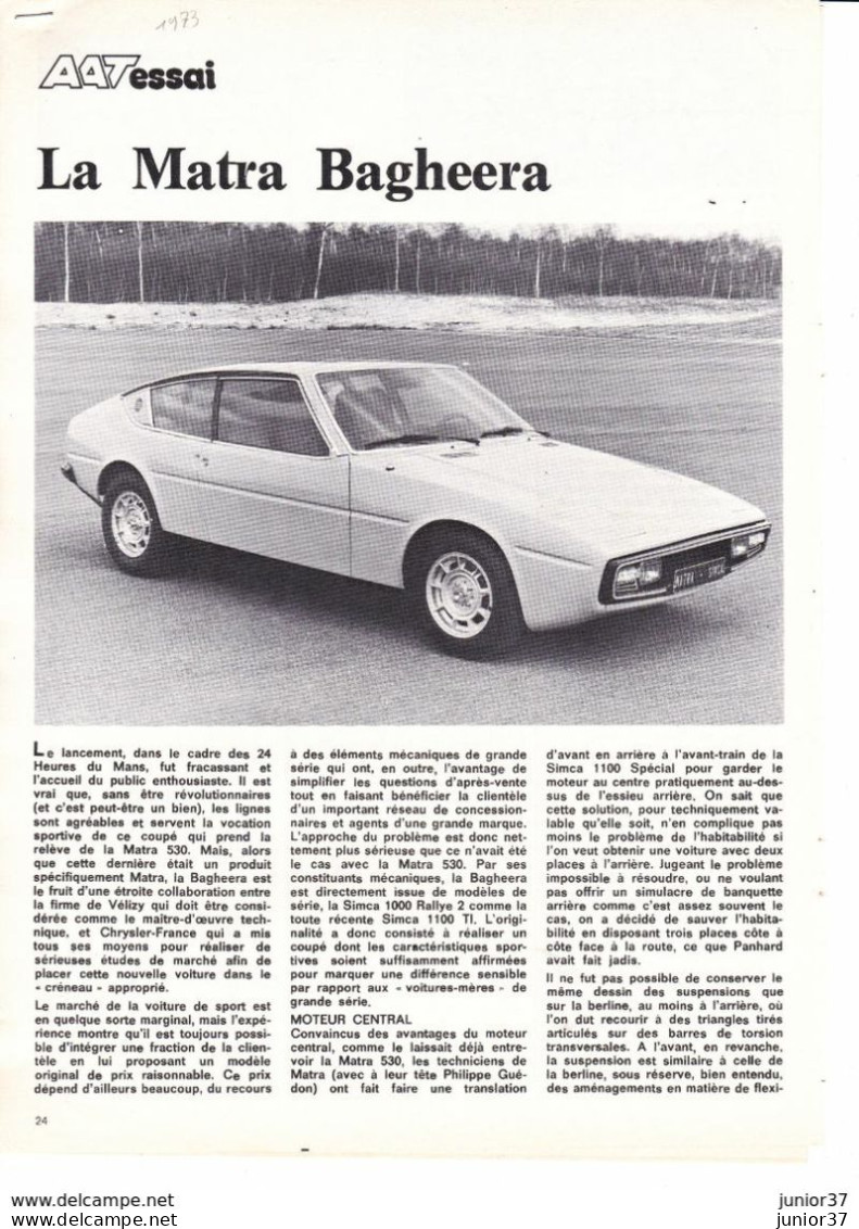 Feuillets De Magazine Matra Simca  Bagheera 1973 Essai - Automobili