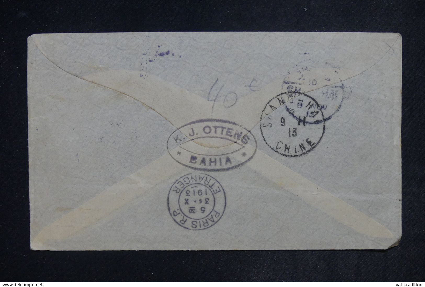 BRESIL - Enveloppe Commerciale De Bahia Pour La Chine En 1913 Via Paris - L 152412 - Brieven En Documenten