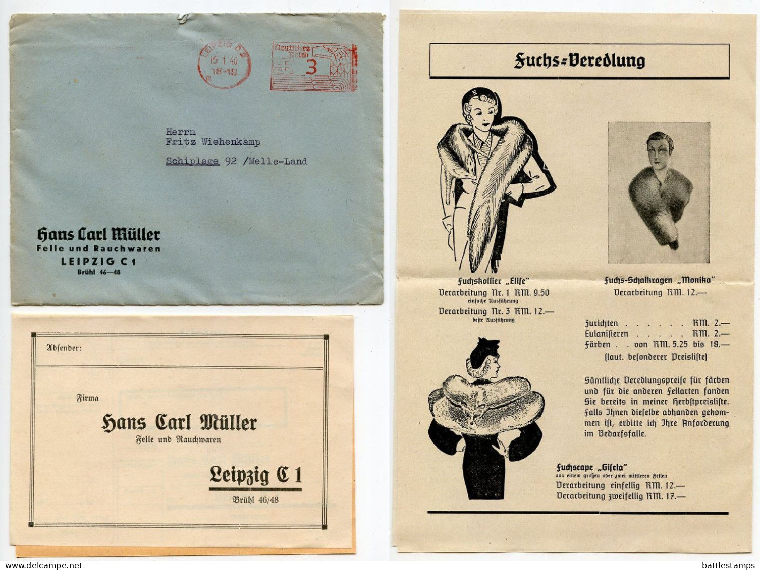 Germany 1940 3pf. Meter Cover & Fur Catalog; Leipzig - Hans Carl Müller, Felle Und Rauchwaren To Schiplage - Maschinenstempel (EMA)