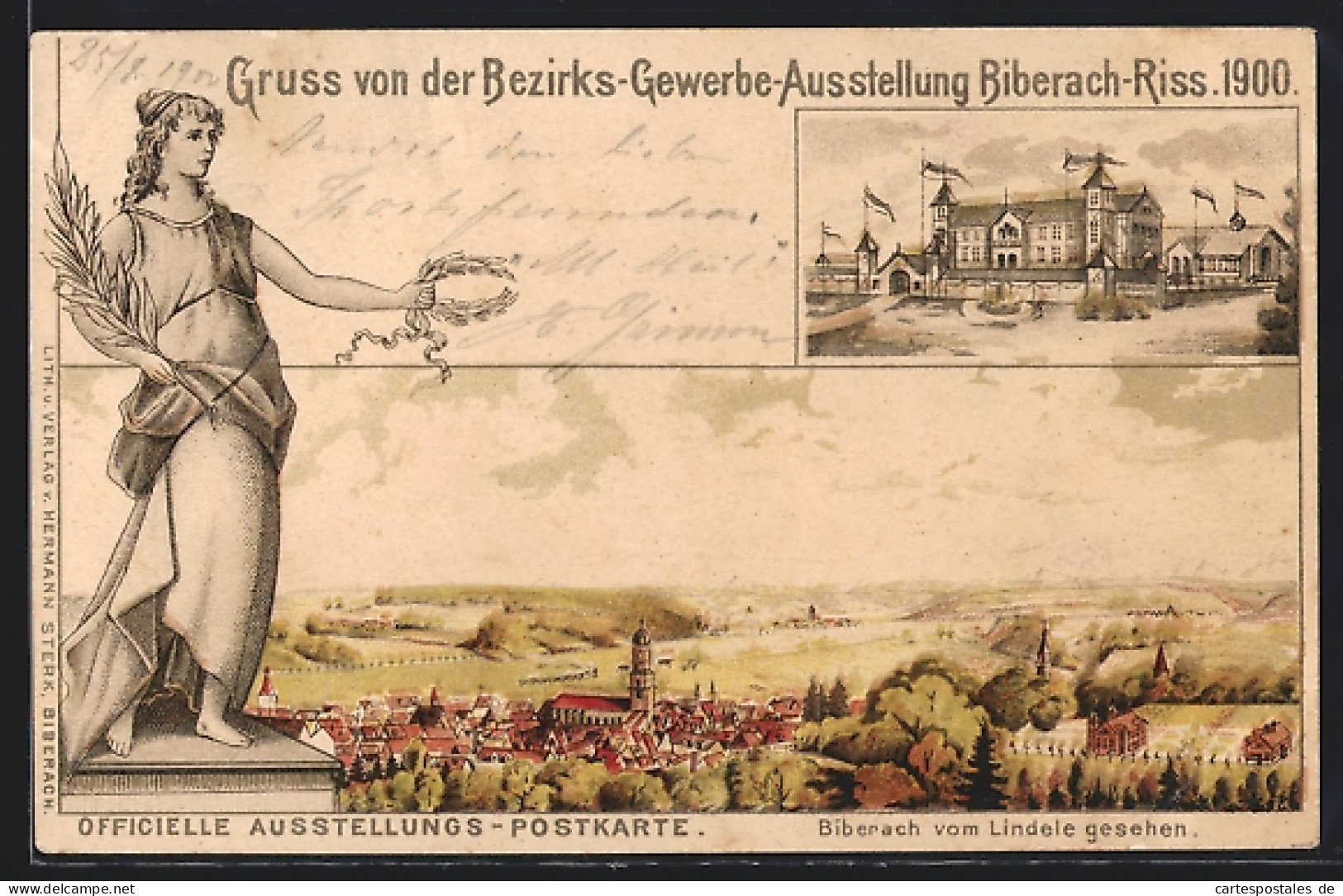 Lithographie Biberach-Riss, Bezirks-Gewerbe-Ausstellung 1900, Ortsansicht Vom Lindele Aus  - Expositions