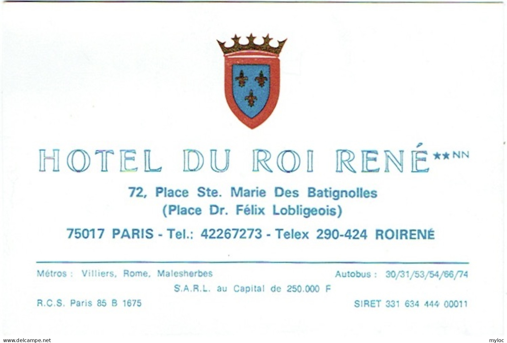 Carte Visite. 75. Paris. Hôtel Du Roi RENE, Place  Ste Marie Des Batignolles. - Visiting Cards