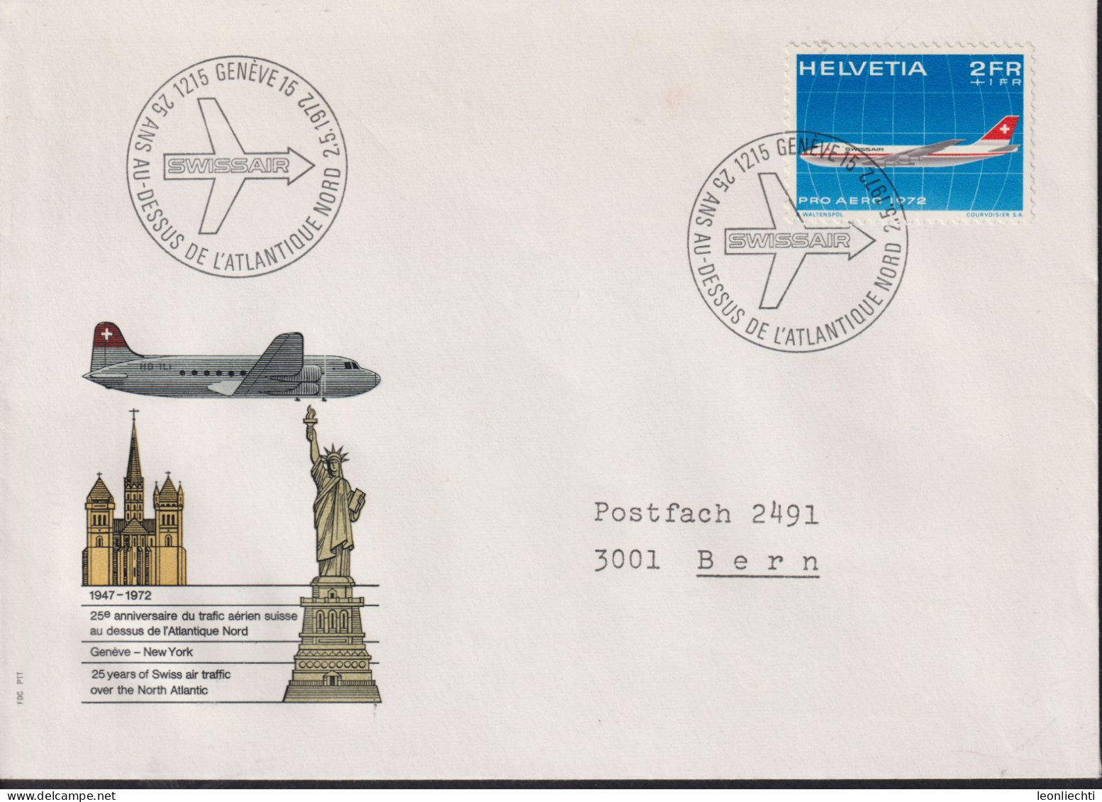 1972 Pro Aero, SWISSAIR, Zum: F47, Mi: 968, ⵙ1215 GENÈVE 15, 25 ANS - DESSUS DE L`ATLANTIQUE NORD - First Flight Covers