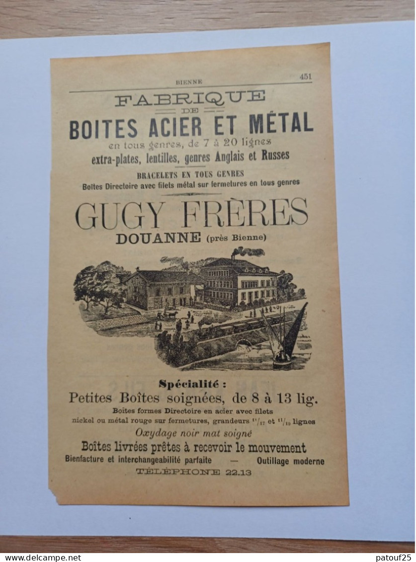 Ancienne Publicité Horlogerie GUGY FRERES DOUANNE Près  Bienne Suisse 1914 - Switzerland
