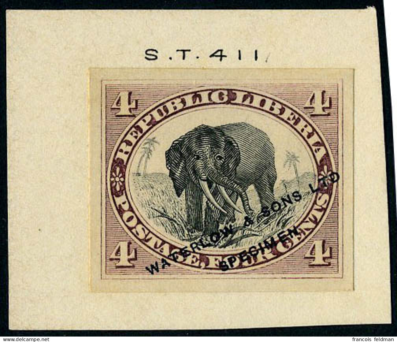 N° 28, 4c éléphant épreuve Lie De Vin Et Noir ND Sur Bristol Waterlow ... Spécimen, T.B. Rare - Autres & Non Classés