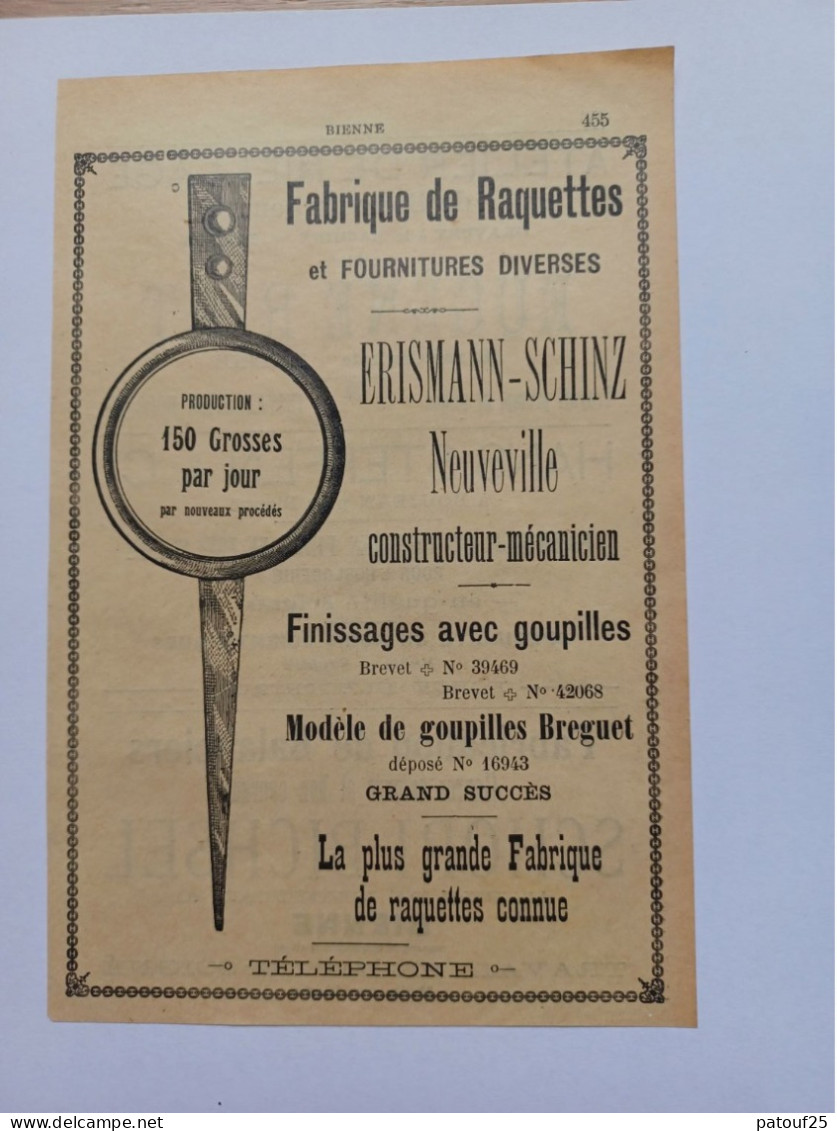 Ancienne Publicité Horlogerie ERISMANN-SCHINZ NEUVEVILLE Suisse 1914 - Schweiz