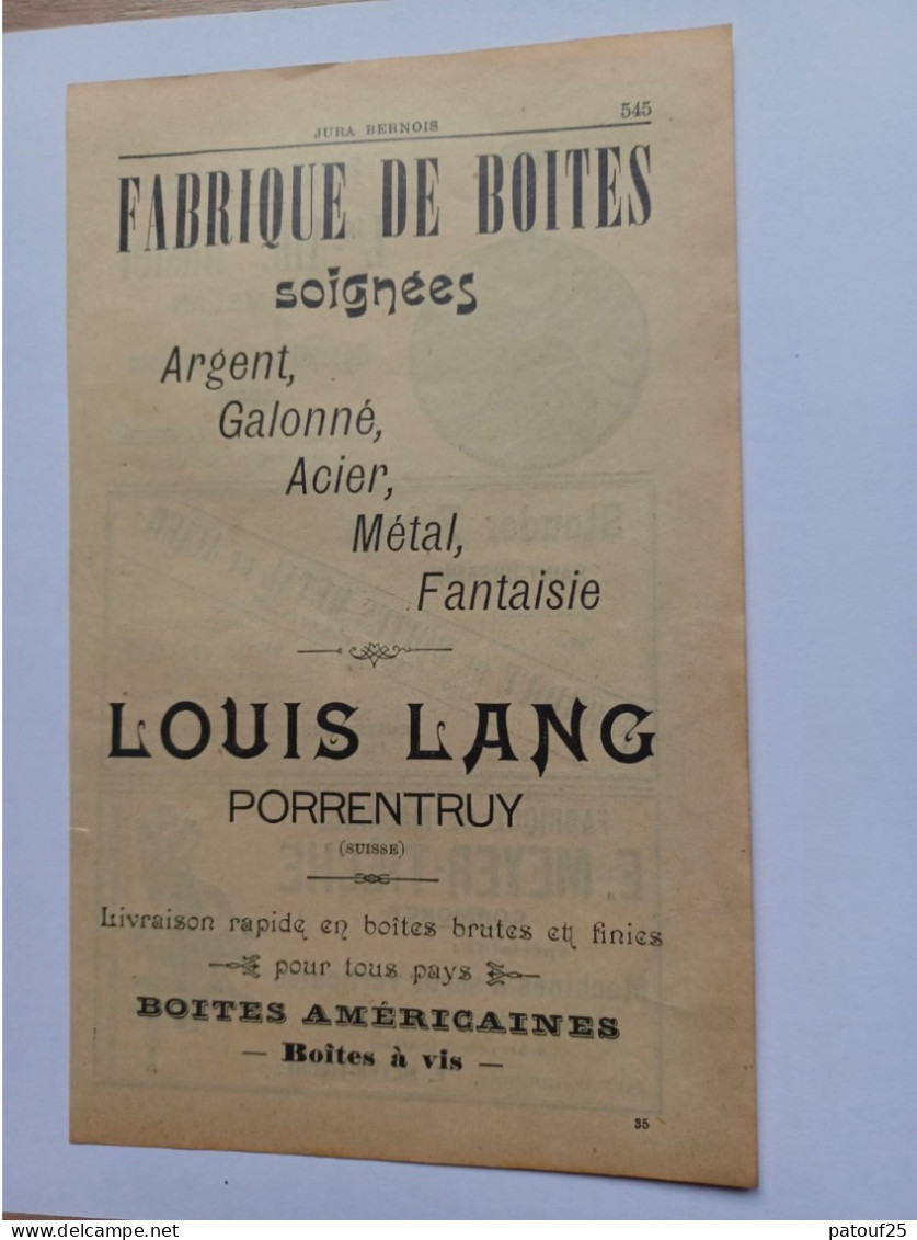 Ancienne Publicité Horlogerie LOUIS LANG PORRENTRUY Suisse 1914 - Suisse
