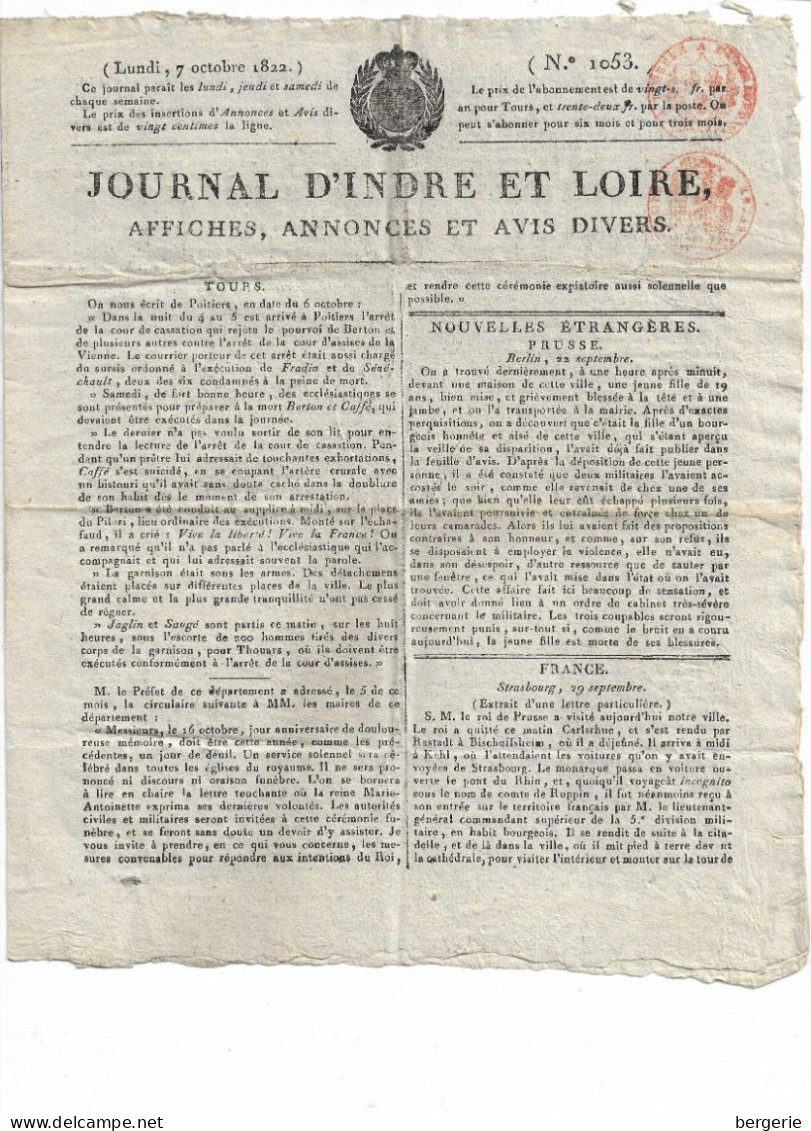 VP/ 01                  Journal  D'indre Et Loire  -   Du Lundi 7 Octobre 1822  N° 1053  -  4 Pages    Parfait état - 1800 - 1849