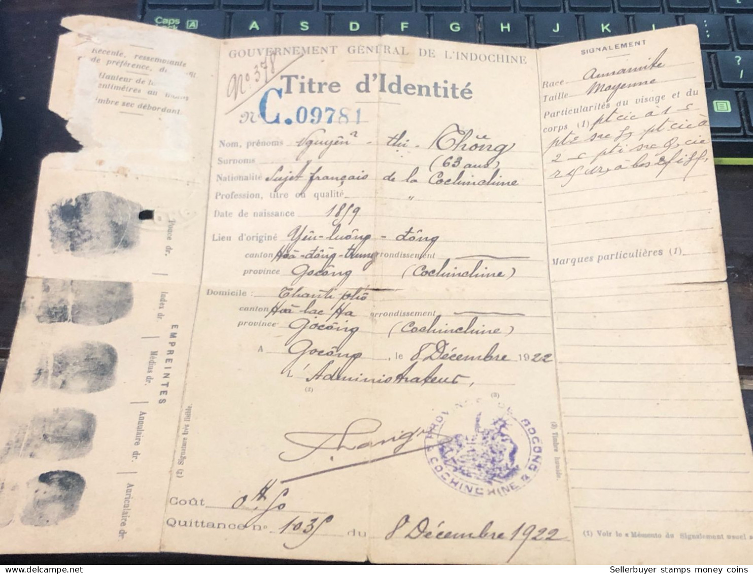 VIET NAM-OLD-ID PASSPORT INDO-CHINE-name-NGUYEN THI THONG-1922-1pcs Book - Collections