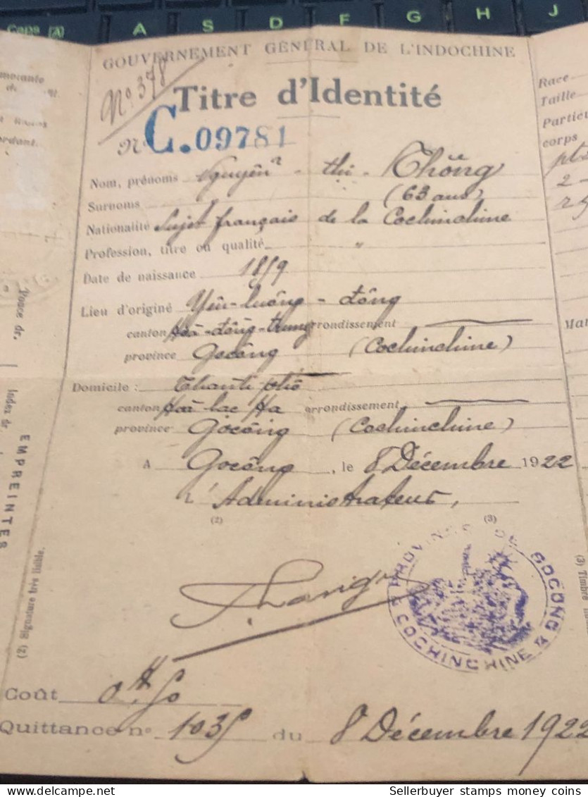 VIET NAM-OLD-ID PASSPORT INDO-CHINE-name-NGUYEN THI THONG-1922-1pcs Book - Sammlungen