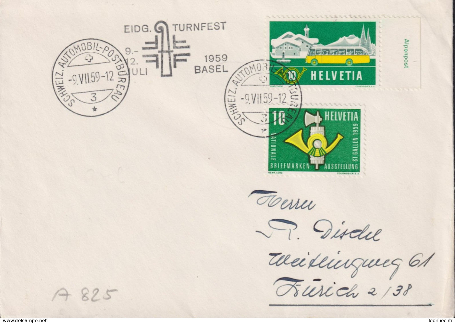1959 Schweiz Brief, Zum: 314+344, Mi: 586+669, ⵙ SCHWEIZ. AUTOMOBIL-POSTBUREAU, Flagge: Eidg. Turnfest Basel - Storia Postale