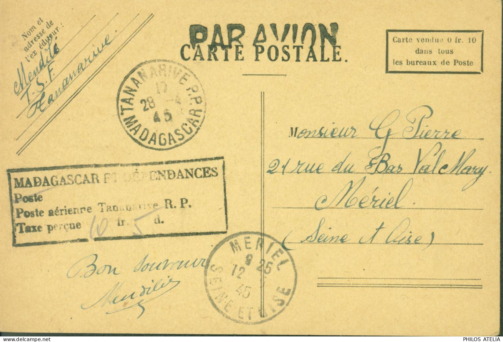 CP Vendue 0,10 Bureaux Poste Cachet Par Avion Cachet Taxe Perçue CAD Tananarive Madagascar 1945 - Posta Aerea