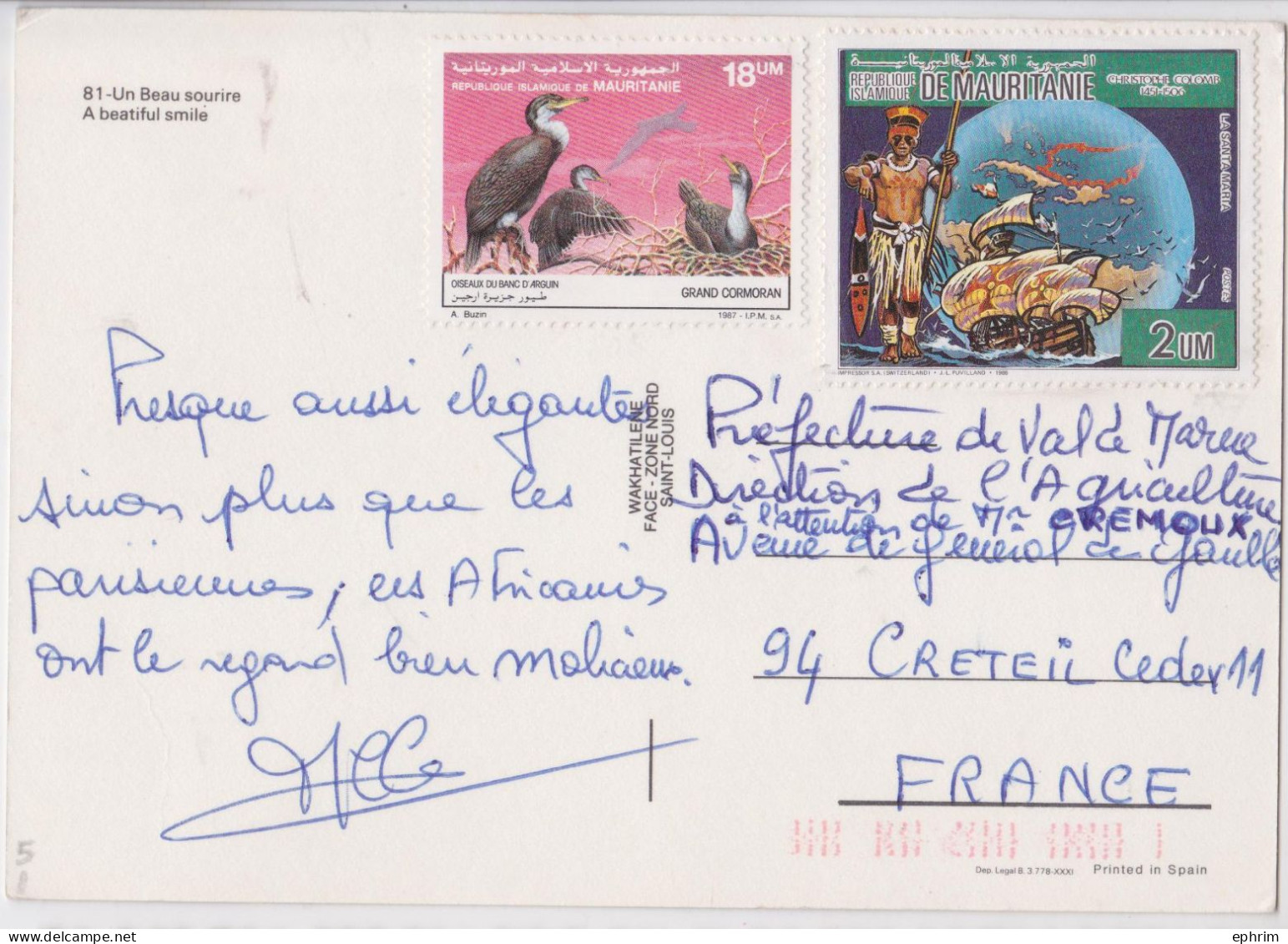 Mauritanie Mauritania Carte Postale Timbre Oiseau Christophe Colomb Cristobal Colon La Santa Maria Bird Stamp Sello - Mauretanien (1960-...)