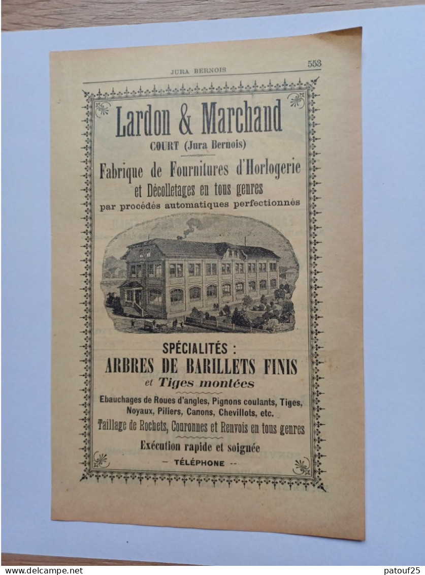 Ancienne Publicité Horlogerie LARDON ET MARCHAND COURT Jura Bernois Suisse 1914 - Switzerland