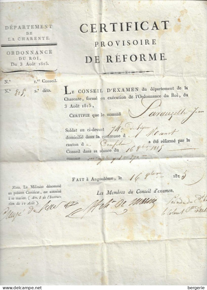 VP/ 02                 Département De Charente -ordonnance Du Roi Du 3 Aout 1815  -  Certificat Provisoire De Réforme - Gesetze & Erlasse