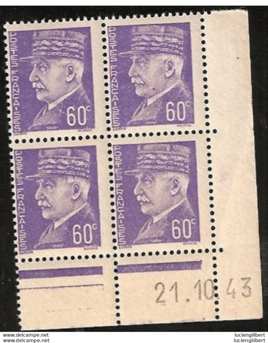 TIMBRE N° 509  -   COINS DATES 21 10 43  -     PETAIN  60c  -  NEUF - 1943 - 1940-1949