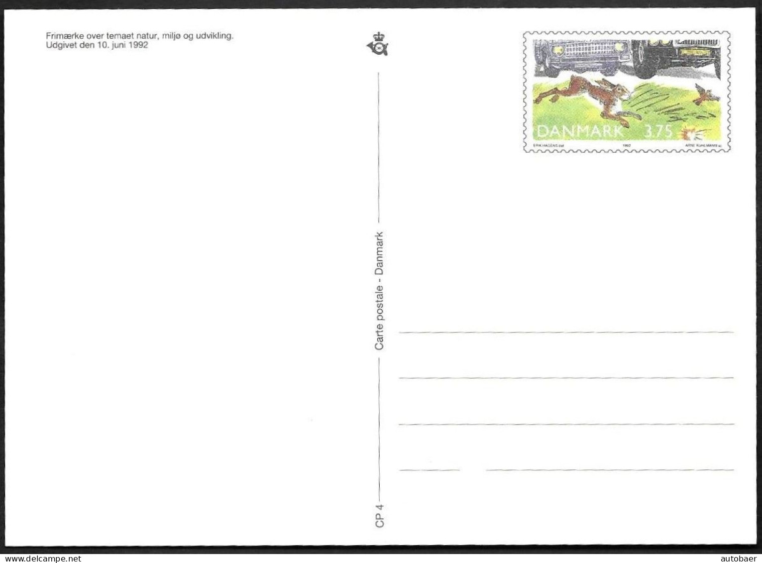 Denmark Danmark Dänemark 1992 Postal Stationery Card CP4 Postcard Mi.no. P285 Mint MNH Neuf Postfrisch ** - Postwaardestukken