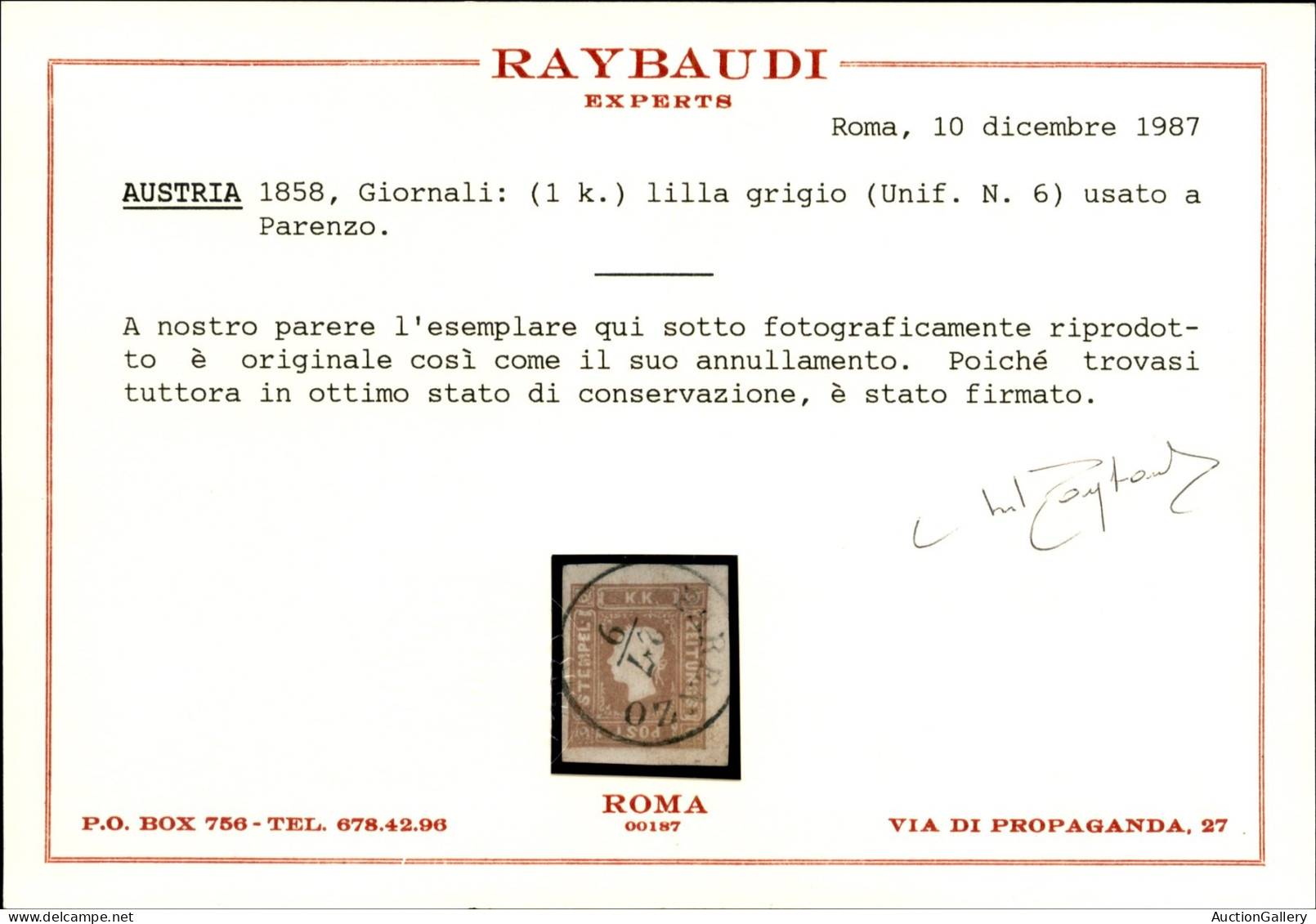Antichi Stati Italiani - Lombardo Veneto - 1858 - Per Giornali - 1.05 Kreuzer (17) Usato A Parenzo - Cert. Raybaudi - Other & Unclassified