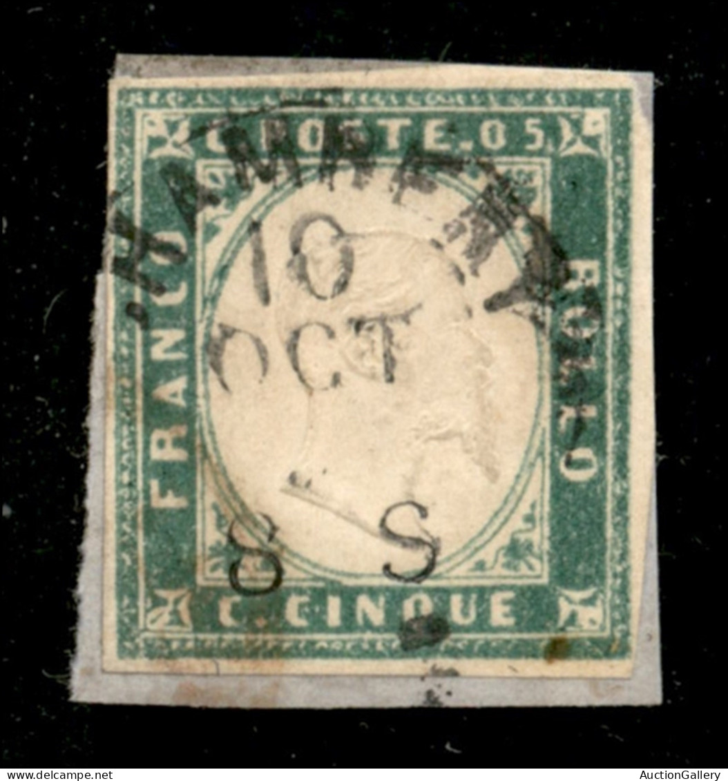 Antichi Stati Italiani - Sardegna - 1855 - 5 Cent (13d - Verde Smeraldo) Usato A Chambery Su Frammento - Cert. AG (950) - Autres & Non Classés