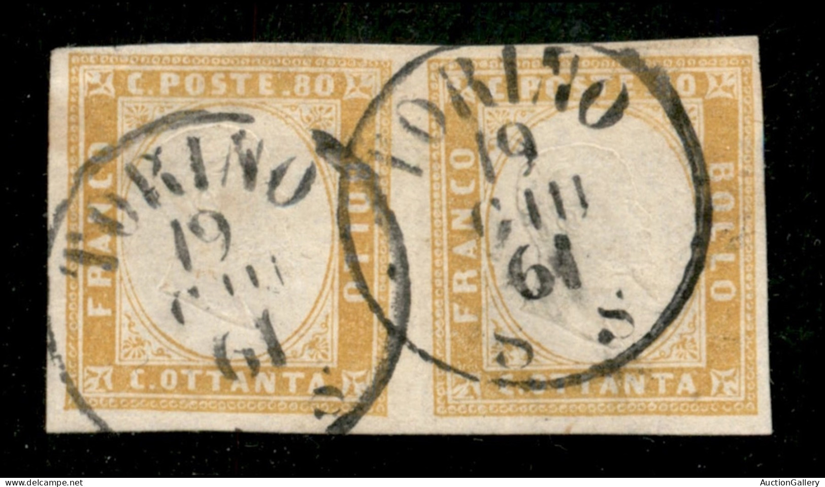 Antichi Stati Italiani - Sardegna - 1861 - 80 Cent Giallo Arancio (17C) - Coppia Orizzontale Usata A Torino 19.6.61 - Ot - Autres & Non Classés